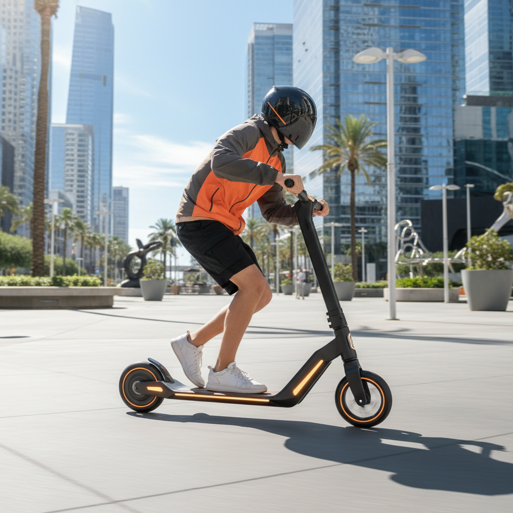 Teenager riding black and orange folding scooter on urban sidewalk — Mongoose Force 4.0 active lifestyle — More4less Outlet