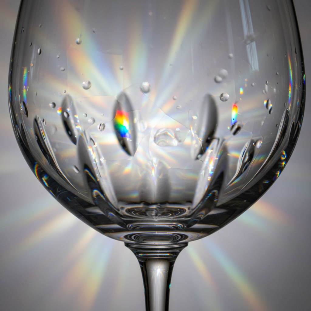 Close up of German lead-free crystal wine glass refraction in warm light