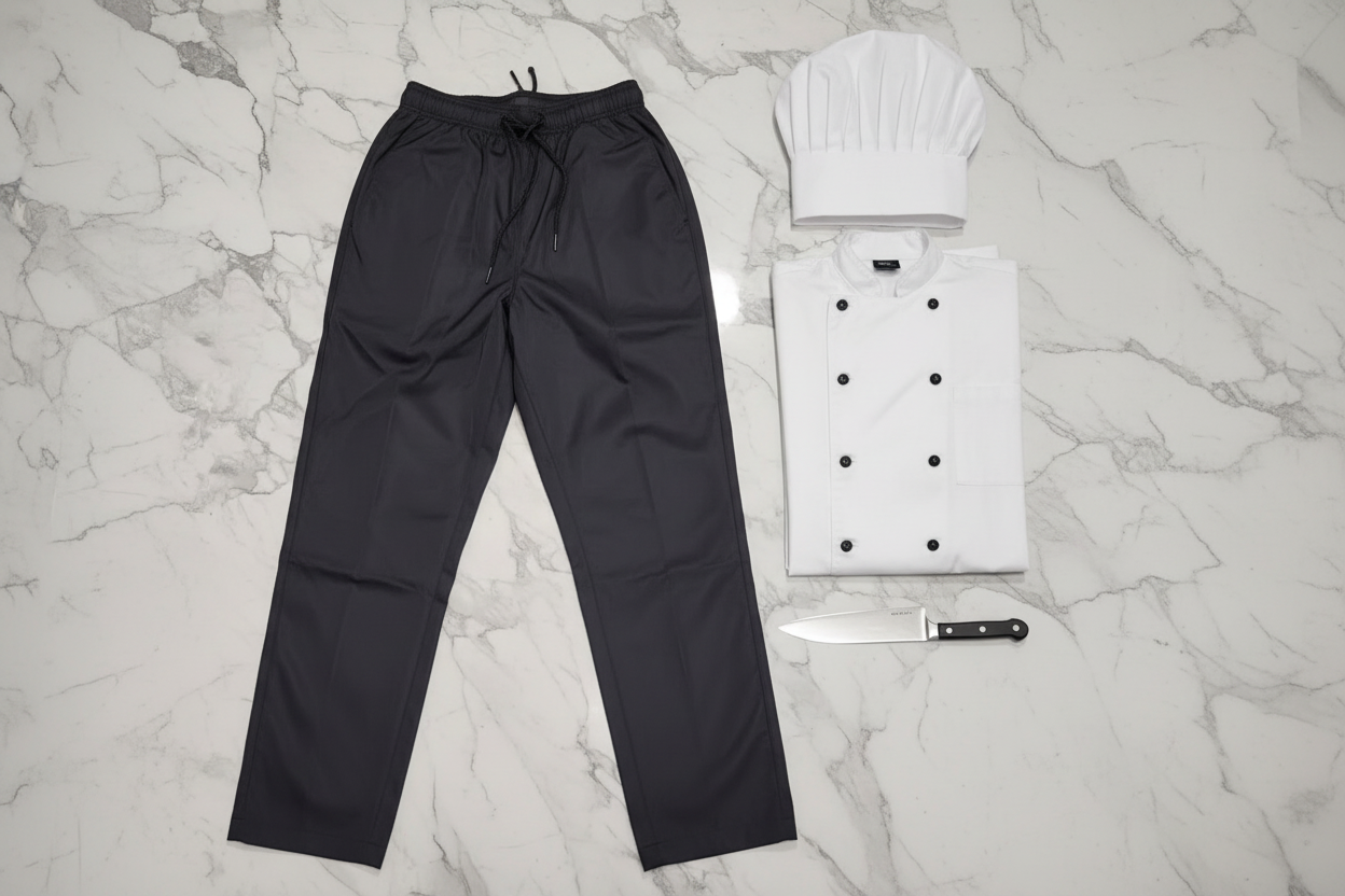 Chef Works black culinary pants flat lay with white chef coat chef knife and toque – More4less Outlet