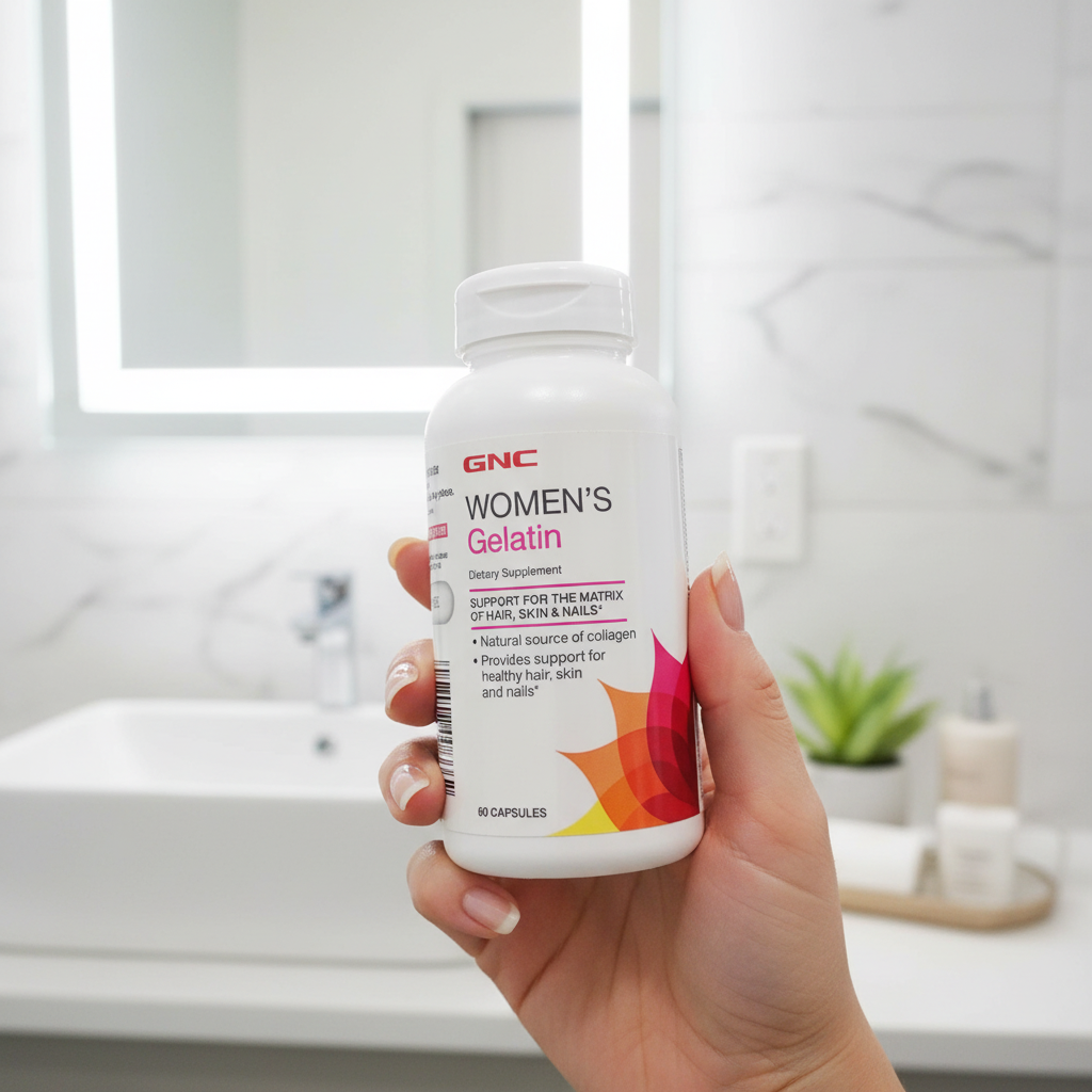 Woman holding GNC Women's Gelatin with glowing skin in bright bathroom – More4less Outlet