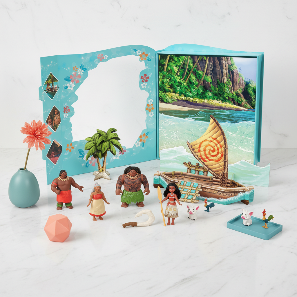 Disney Princess Moana Classic Storybook Set on white marble with teal and coral accents, studio product photography – More4less Outlet