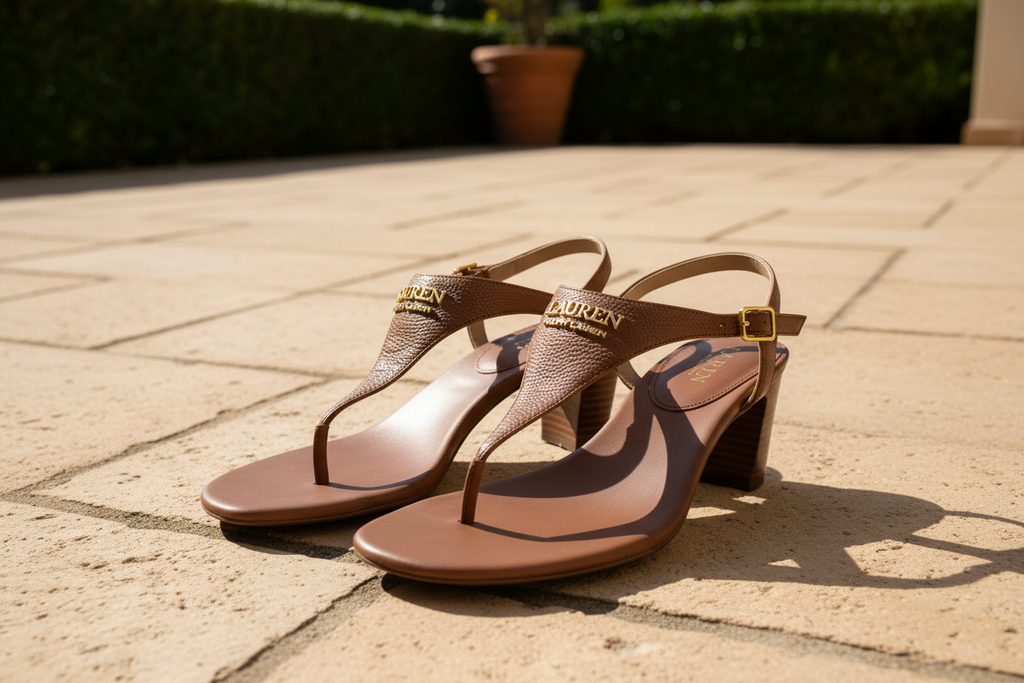 Lauren Ralph Lauren Westcott Polo Tan sandals displayed on a sunlit outdoor terrace with warm stone pavers