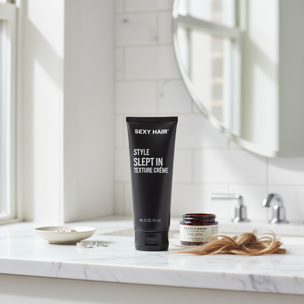 Sexy Hair Style Slept In Texture Crème black tube on marble bathroom counter lifestyle photo
