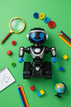 Vivitar Robo action robot flat lay on green background with magnifying glass gears and colorful pencils