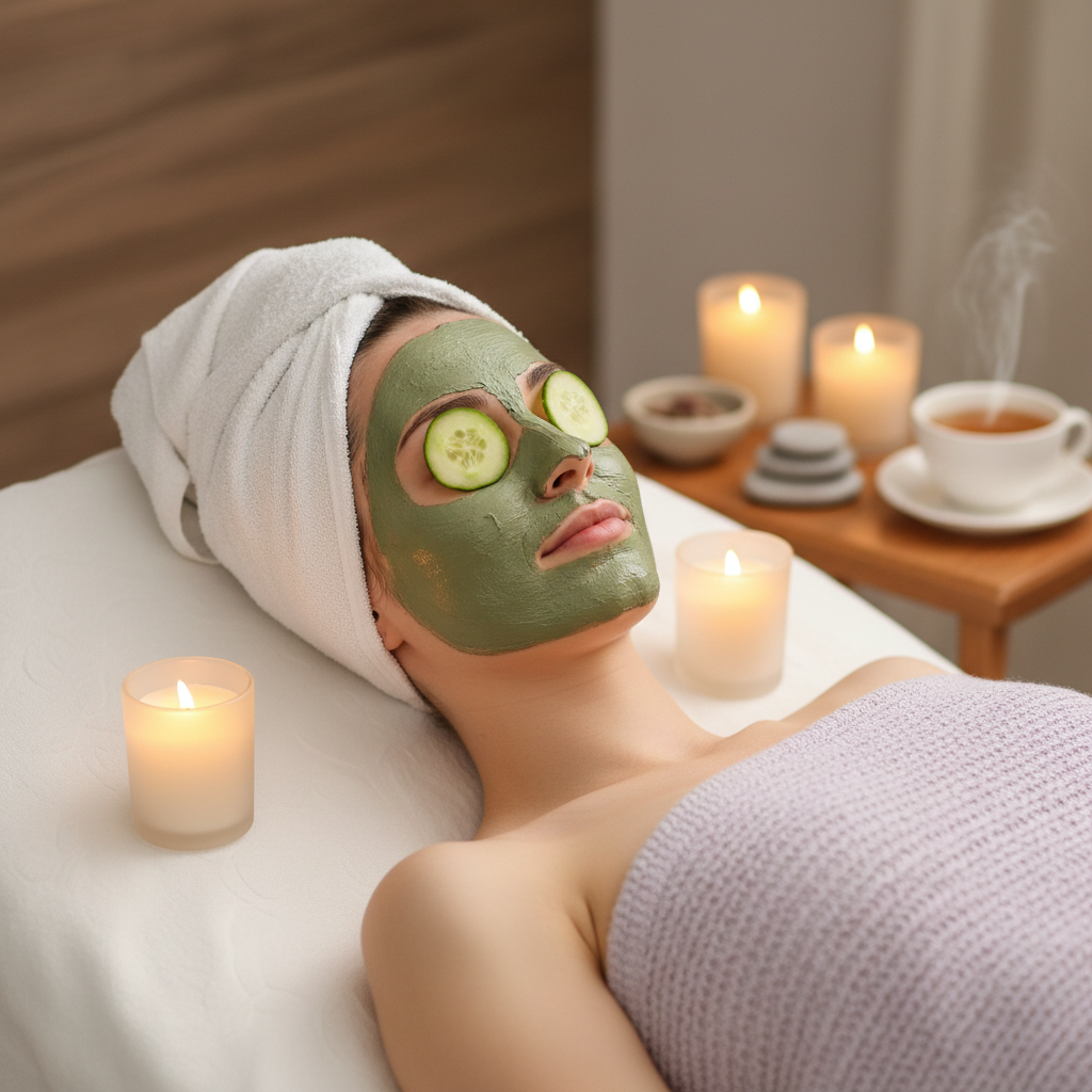 Woman relaxing with a soothing face mask in a spa-like setting
