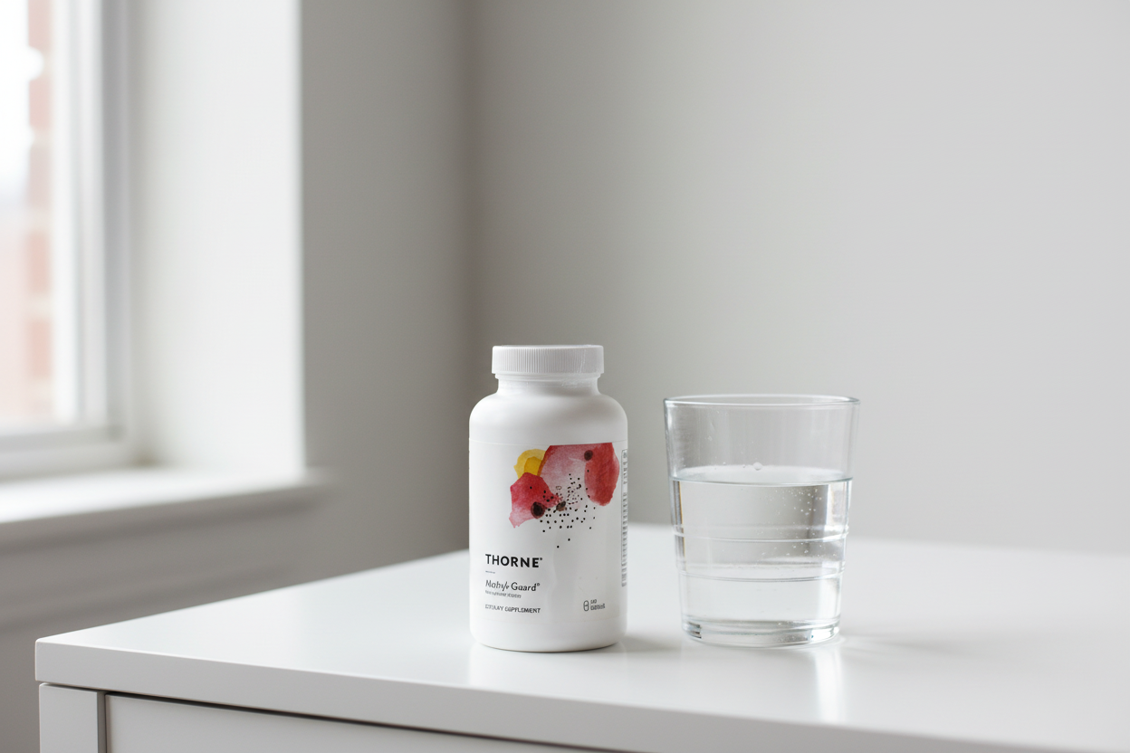 Thorne supplement bottle next to glass of water on minimalist white table