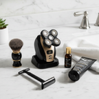 Freedom Grooming Charging Dock black and gold with shaver docked on white marble bathroom counter – More4less Outlet