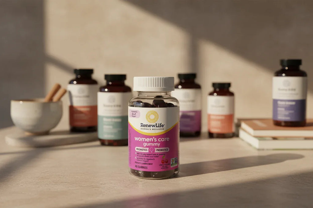 RenewLife Women's Care gummy bottle on wellness pantry neutral stone surface high-end supplements