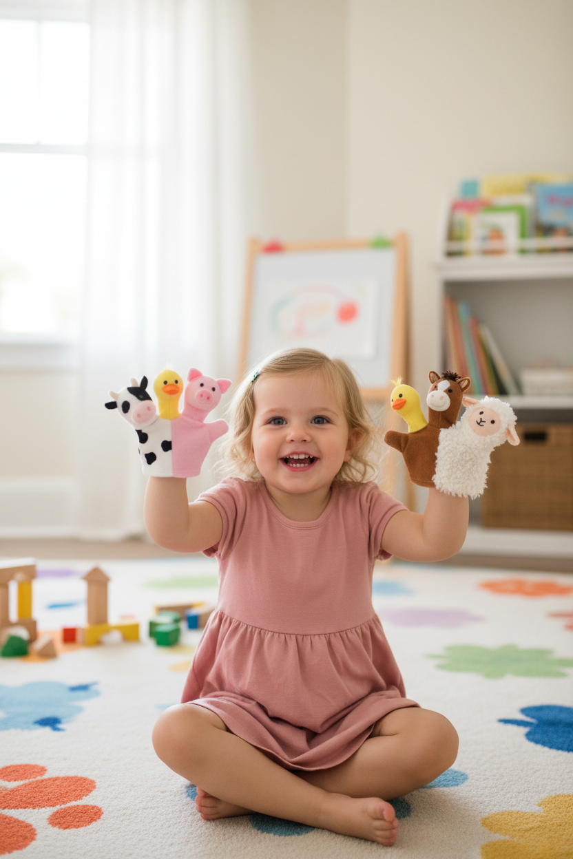 Toddler girl smiling with farm animal finger puppets on her fingers in a bright playroom