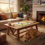 Cozy living room with Dog-Opoly board game on coffee table and golden retriever nearby