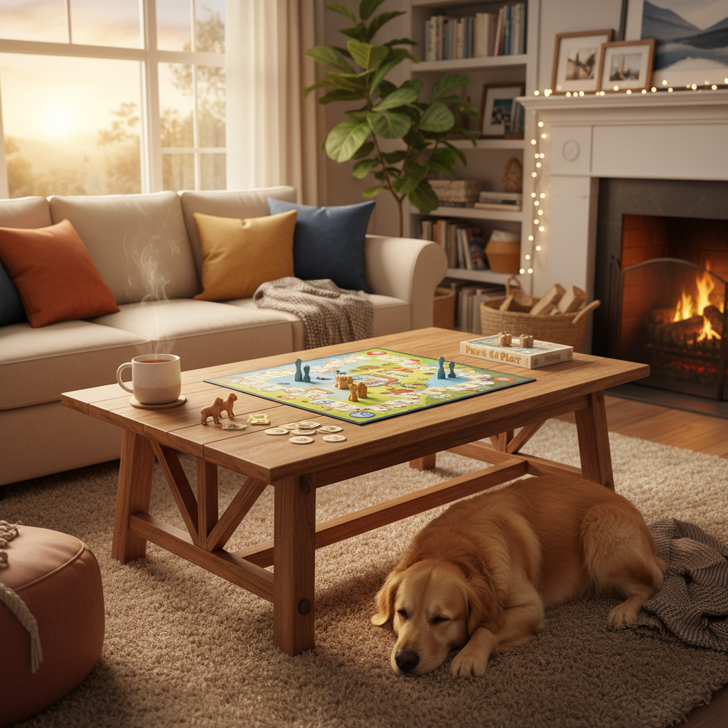 Cozy living room with Dog-Opoly board game on coffee table and golden retriever nearby