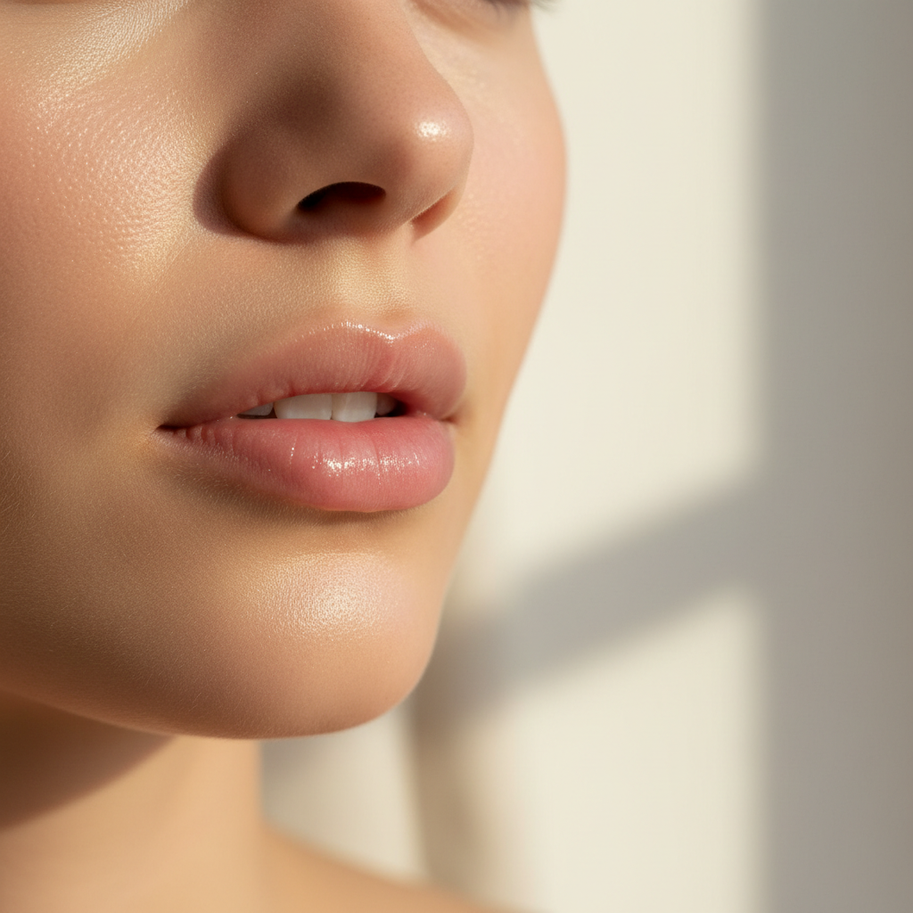 Woman with smooth hydrated full lips in soft natural light – luxury skincare lifestyle editorial