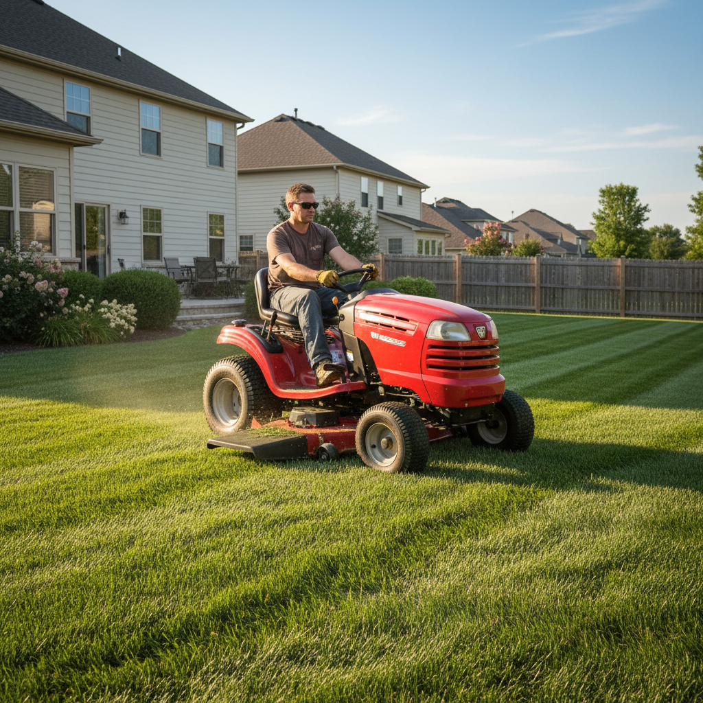 Red riding lawn tractor mowing lush green lawn sunny day freshly cut grass stripes suburban backyard outdoor lawn care lifestyle - More4less Outlet