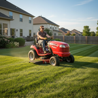 Red riding lawn tractor mowing lush green lawn sunny day freshly cut grass stripes suburban backyard outdoor lawn care lifestyle - More4less Outlet