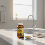 Vitamin D3 supplement amber glass bottle in bright minimalist bathroom with white marble – More4less Outlet