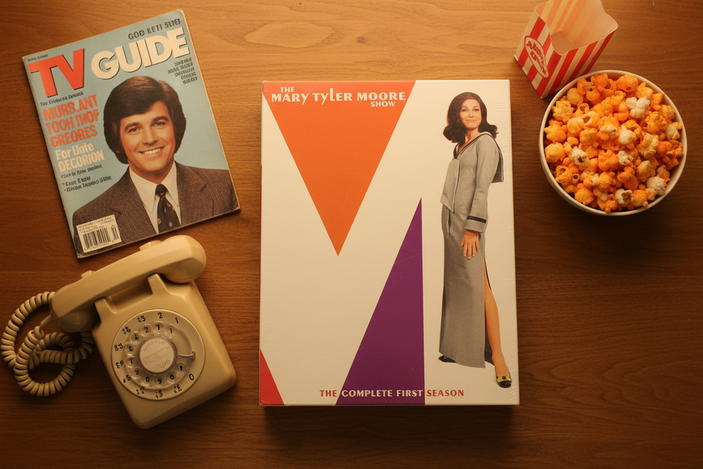 The Mary Tyler Moore Show Complete First Season DVD box set retro flat lay with rotary phone TV Guide and popcorn – More4less Outlet