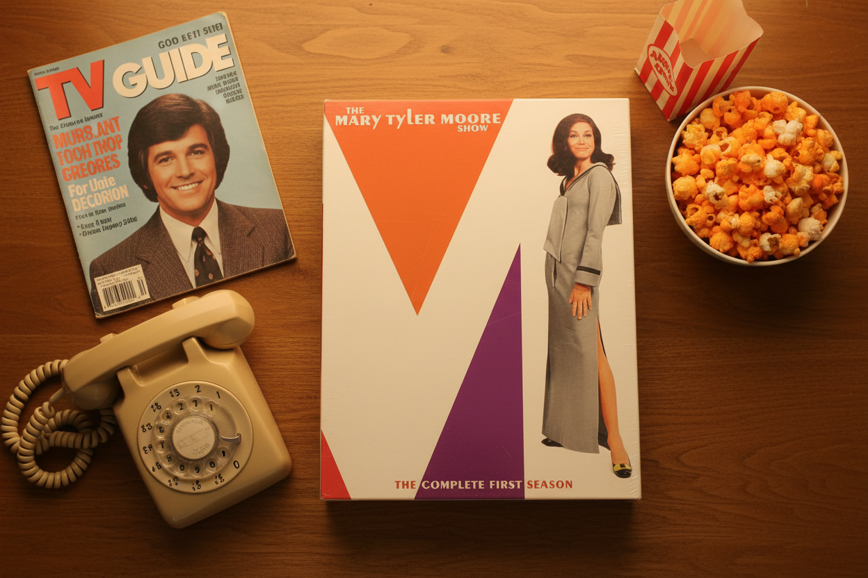 The Mary Tyler Moore Show Complete First Season DVD box set retro flat lay with rotary phone TV Guide and popcorn – More4less Outlet