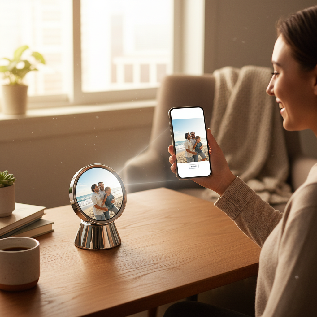 Person using smartphone app to instantly send photo to small digital smart frame on desk family connection technology bright warm home environment