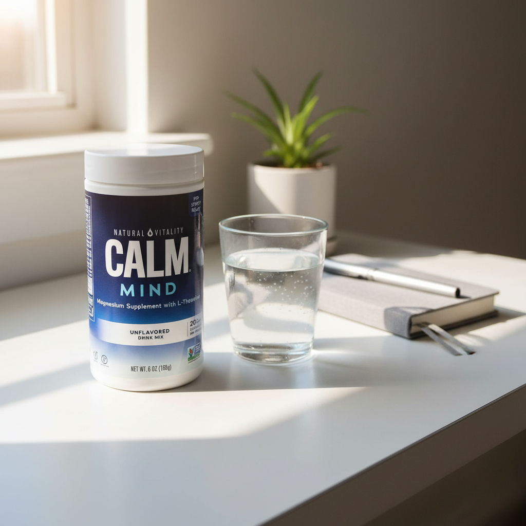 Natural Vitality Calm Mind magnesium supplement on desk with water and journal
