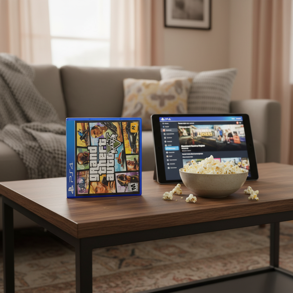 GTA V PS4 game case on wood grain coffee table with tablet and popcorn