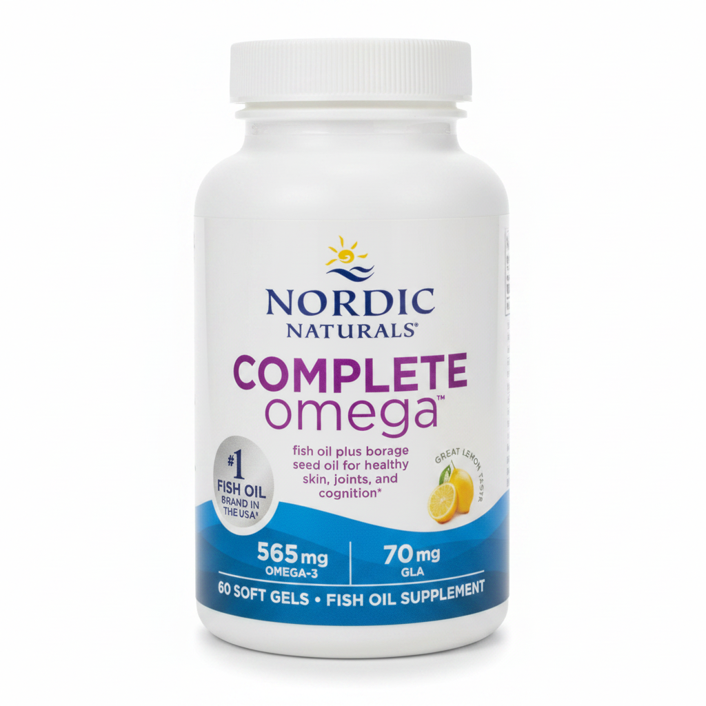 AI-generated contextual image of Nordic Naturals Complete Omega lemon supplement bottle isolated on a white background