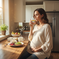 Expectant mother at sunlit kitchen counter with water and healthy breakfast
