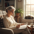 Older adult woman sitting by a bright window doing a crossword puzzle in a relaxed home setting
