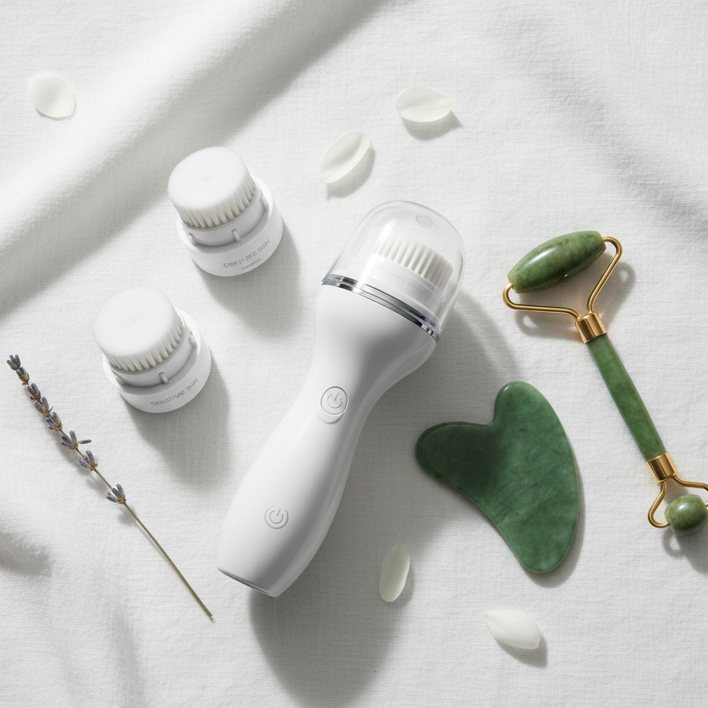 Lifestyle — white facial cleansing brush with replacement heads arranged on white linen beside jade roller and rose quartz gua sha — premium skincare flatlay editorial for visual context only
