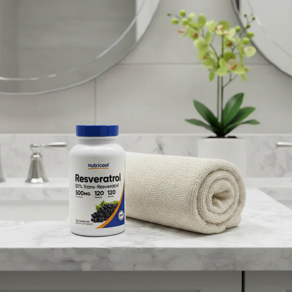 Nutricost Resveratrol bottle on white quartz bathroom vanity with rolled cotton towel and green orchid