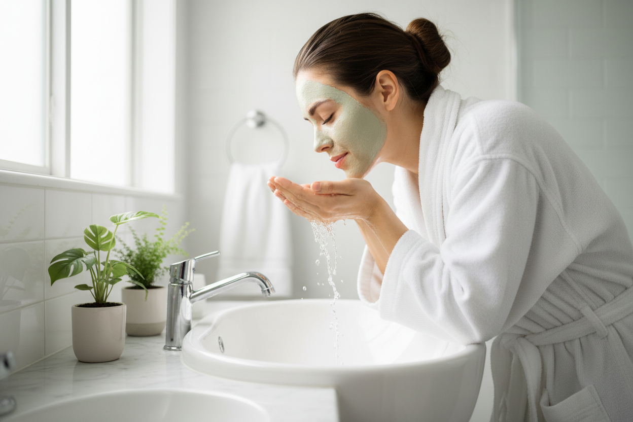 Woman rinsing pink clay mask off face at bathroom sink with glowing refreshed skin - post-mask skincare routine