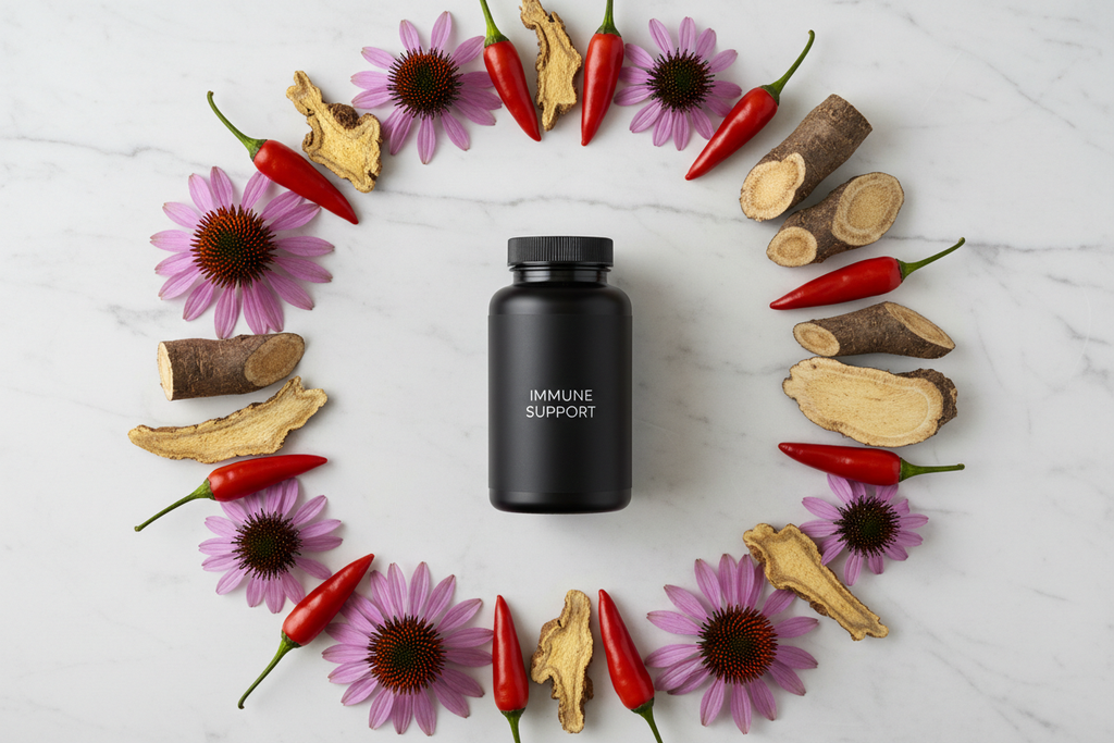 Top-down flat lay of supplement bottle with echinacea flowers, goldenseal root, cayenne peppers, and burdock on marble