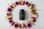 Top-down flat lay of supplement bottle with echinacea flowers, goldenseal root, cayenne peppers, and burdock on marble