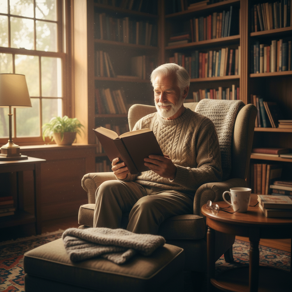 Older adult man reading a book by a sunny window supporting daily eye wellness routine