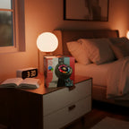 BIconic Retro LED Bluetooth Speaker on stylized bedside table with lamp and book in warm evening lighting.