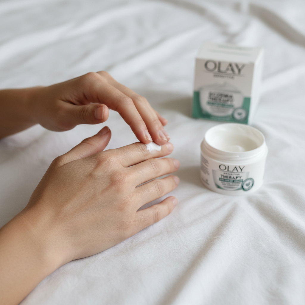 Hands applying Olay Sensitive Eczema Therapy Skin Relief Cream on soft white bed sheet – gentle moisturizing routine for sensitive skin