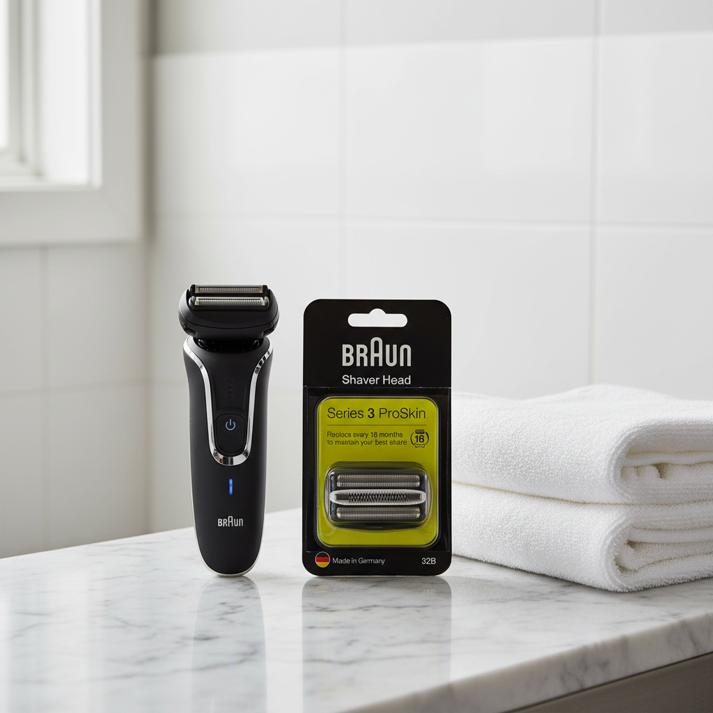 Braun Series 3 ProSkin replacement cassette in black and yellow packaging beside dark matte electric razor and white towel on white marble counter – More4less Outlet