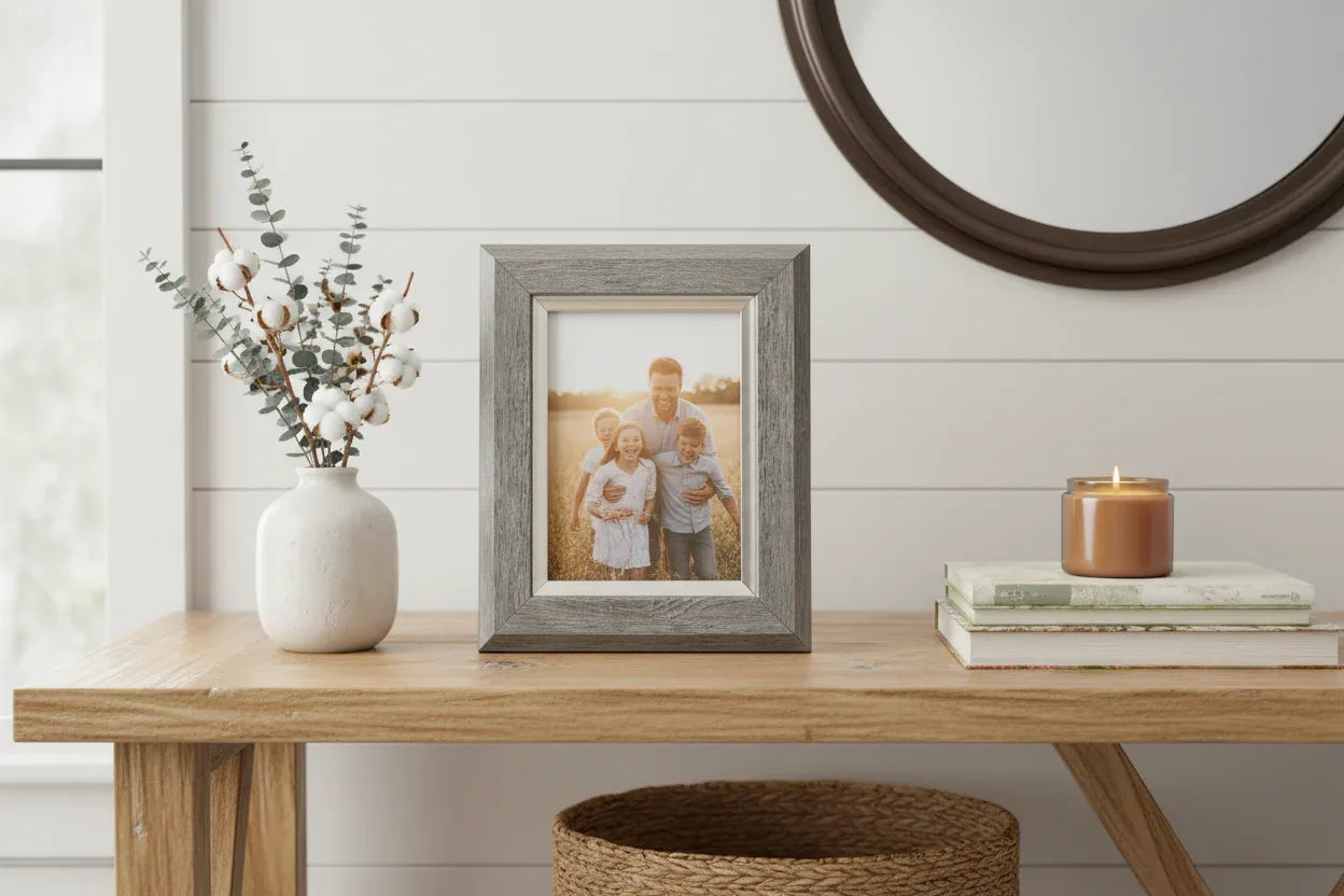 Lifestyle tabletop vignette featuring home photography display in contemporary farmhouse decor