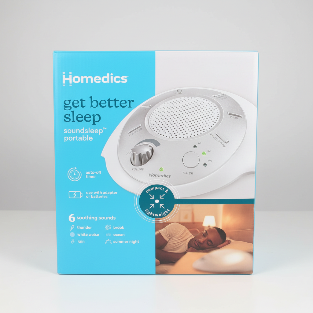 HoMedics SoundSleep portable sound machine retail box upright on a studio surface