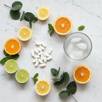 Flat lay of amino acid supplement tablets with citrus slices and green leaves on marble