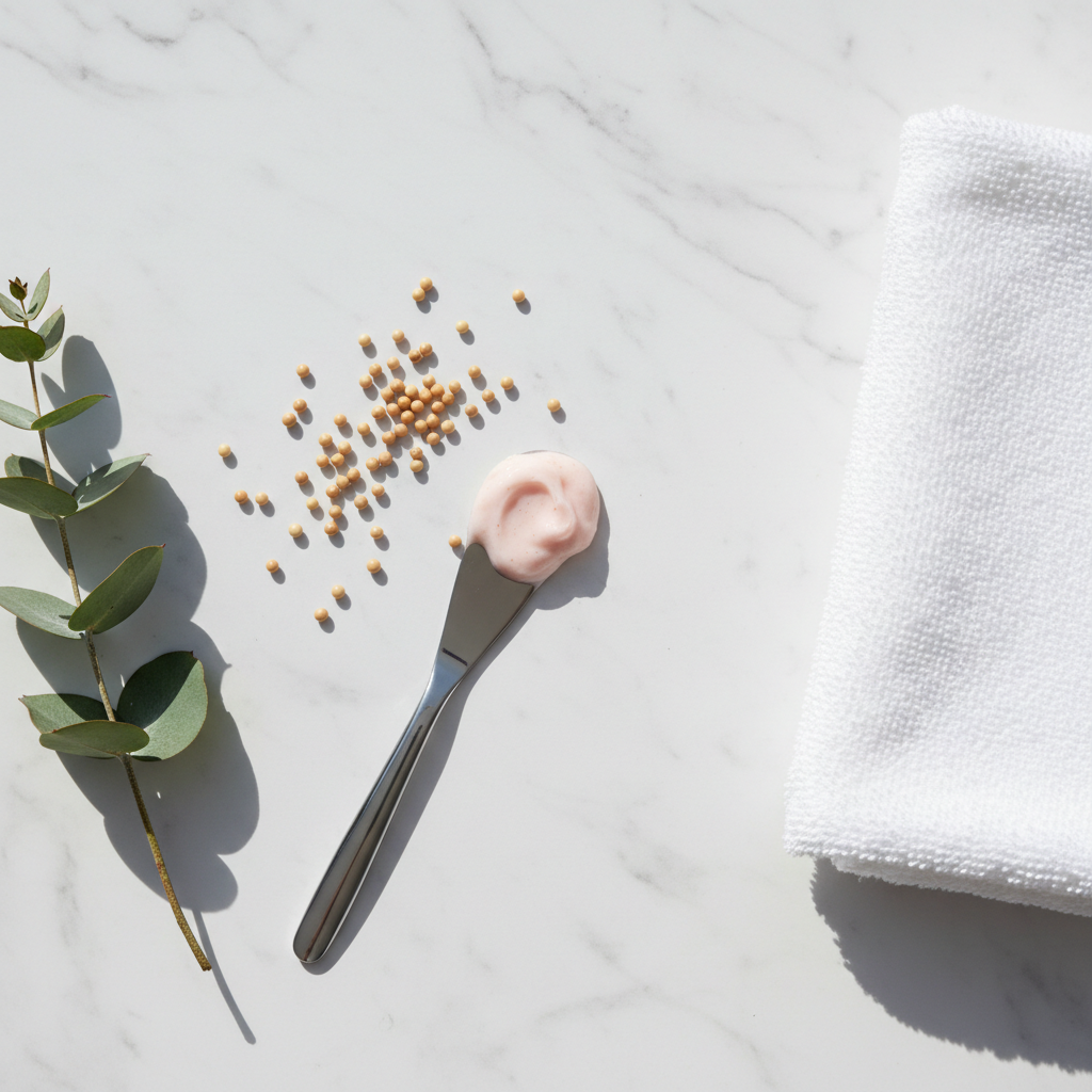 Flat lay of pink cream cleanser with jojoba beads, green leaves and white towel on white marble surface