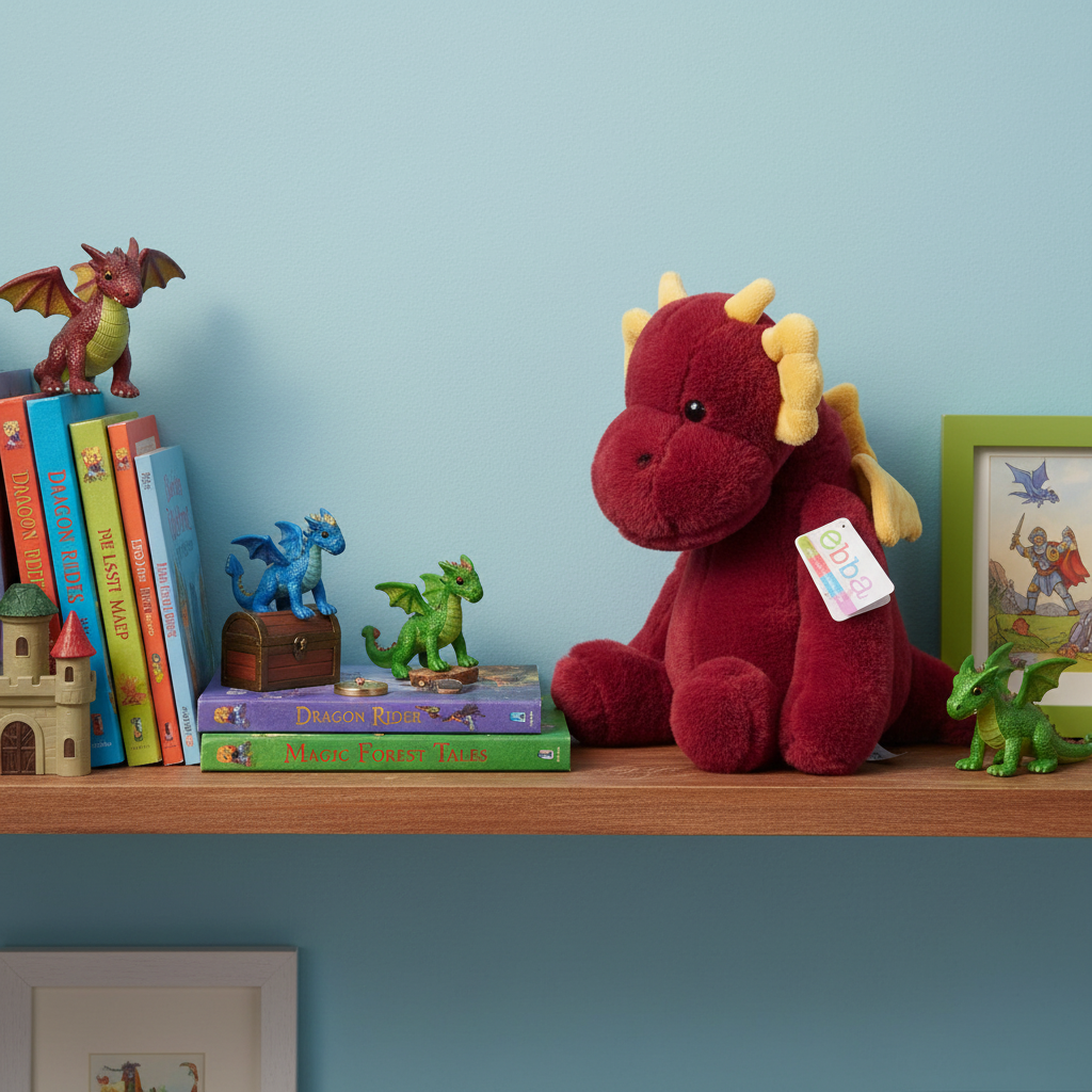 Ebba Red Dragon Plush sitting on child bedroom shelf with fantasy adventure themed decor and colorful books - More4less Outlet
