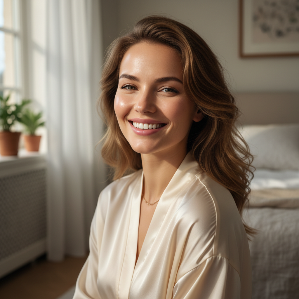 Woman with glowing, even-toned, radiant skin smiling in soft natural window light