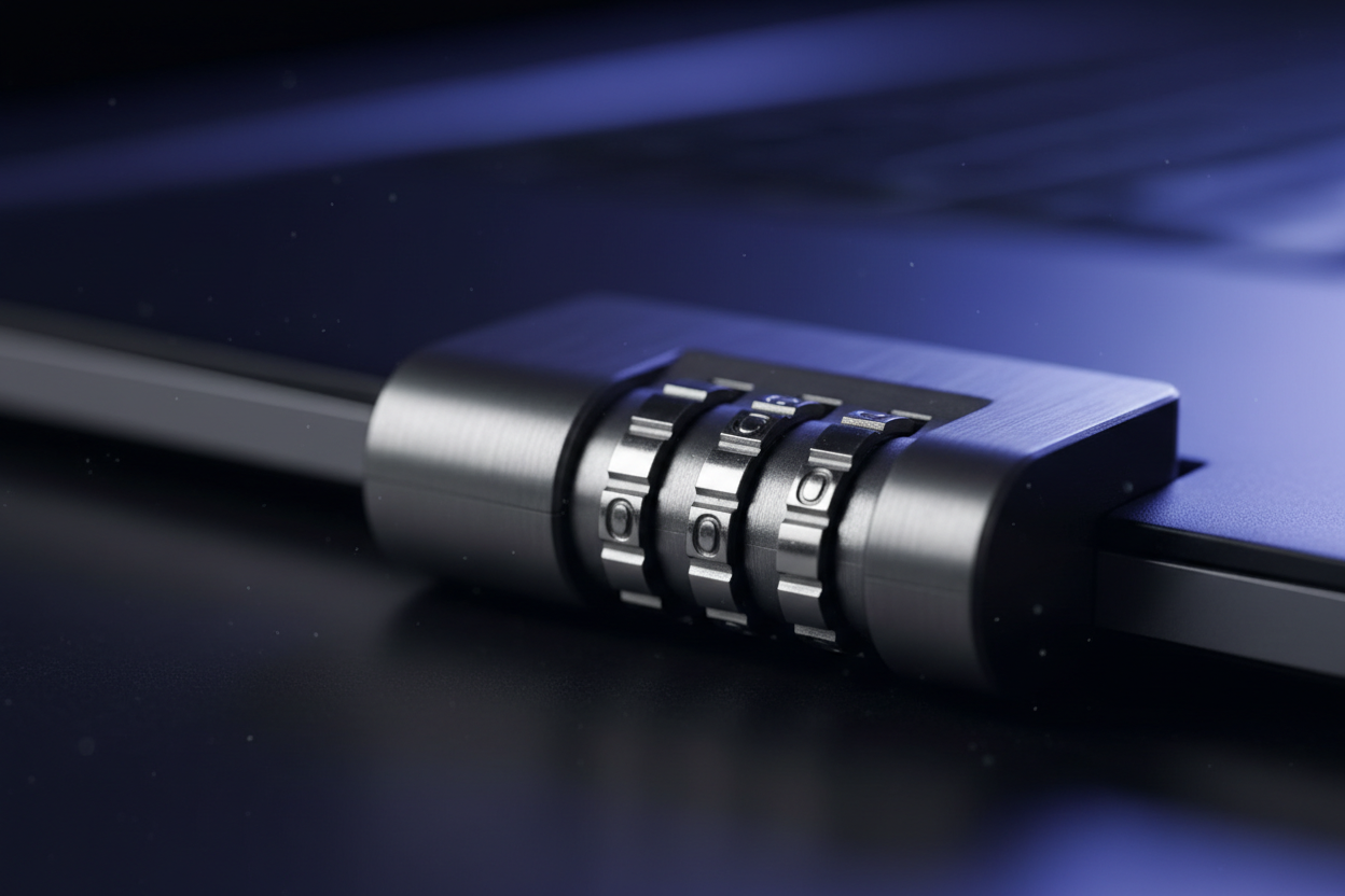 Macro close-up of Targus DEFCON 4-digit resettable combination lock head inserted into laptop security slot – More4less Outlet