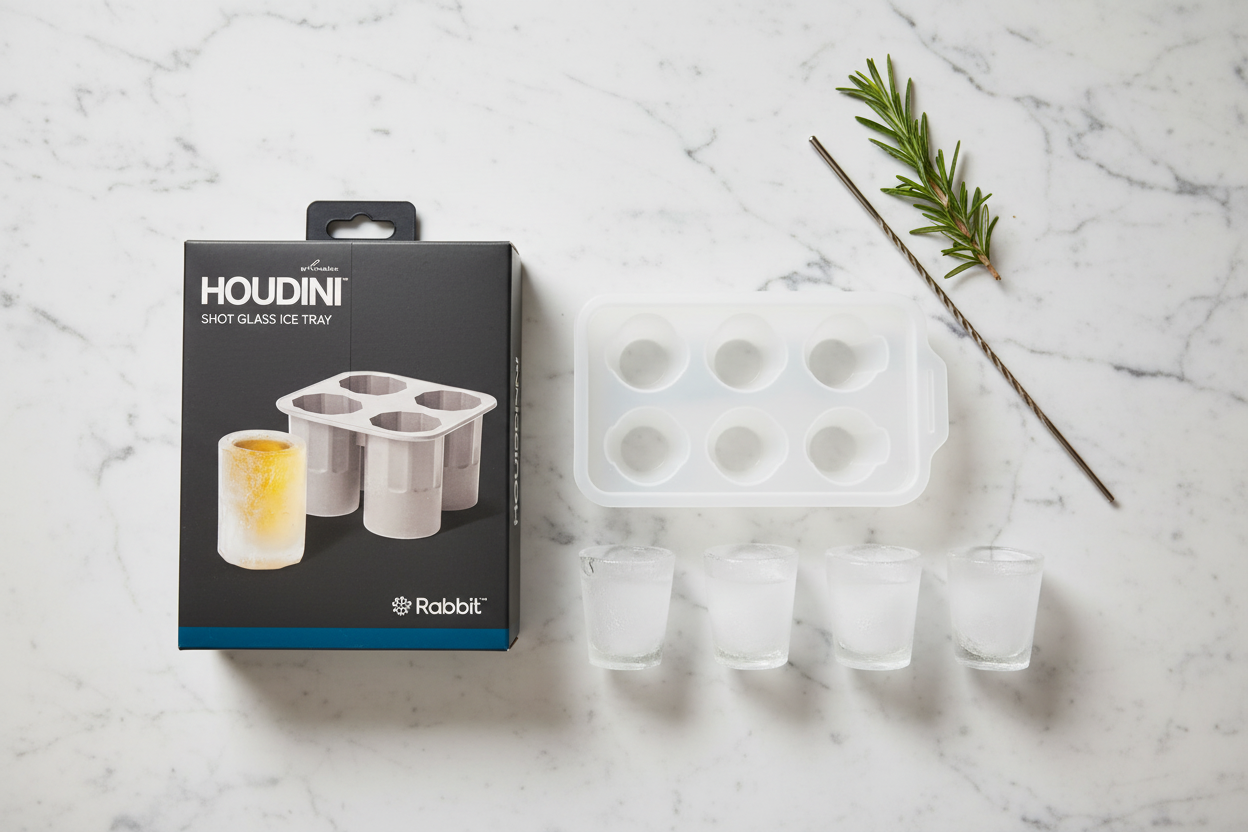 Houdini Shot Glass Ice Tray gift flatlay on white marble with retail box and ice shot glasses - More4less Outlet