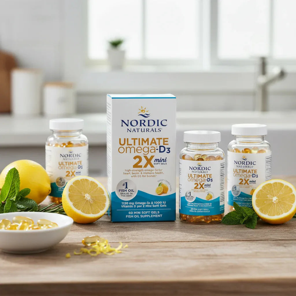 Detailed healthy lifestyle composition with crisp natural daylight on omega-3 vitamin D3 supplement bottles with lemon
