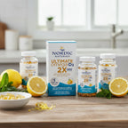 Detailed healthy lifestyle composition with crisp natural daylight on omega-3 vitamin D3 supplement bottles with lemon