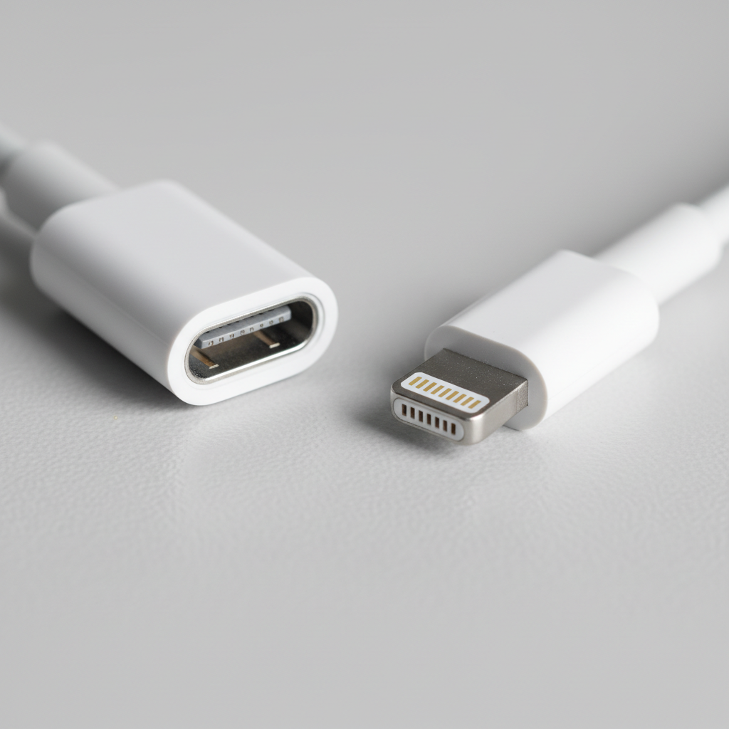 Close-up of white USB-C and Lightning connector ends of Case Logic cable — More4less Outlet