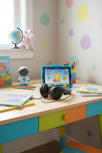 JLab JBuddies Learn headphones on colorful kids bedroom desk with books and tablet