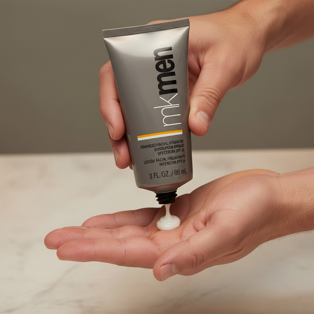 Close-up of man's hands squeezing Mary Kay MKMen Advanced Facial Hydrator SPF 30 lotion onto palm