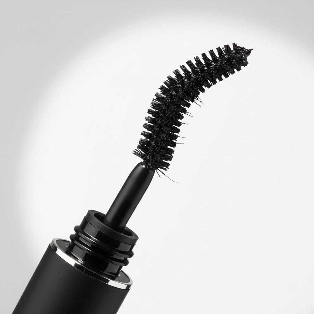 Macro close-up of flexible silicone mascara wand pulled from sleek black tube showing fine bristles coated in deep black formula
